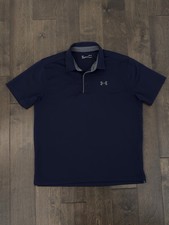 Under Armour Men Size L Navy Blue Stretch Polo Shirt Loose HeatGear Short Sleeve
