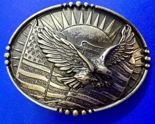 Patriotic American Bald Eagle Flying Over the Flag Morning Sunrise Belt Buckle