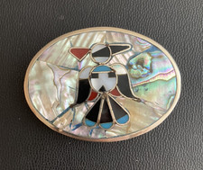 VTG 1970s Thunderbird Inlaid Mother of Pearl ABALONE Belt Buckle ALPACA MEXICO