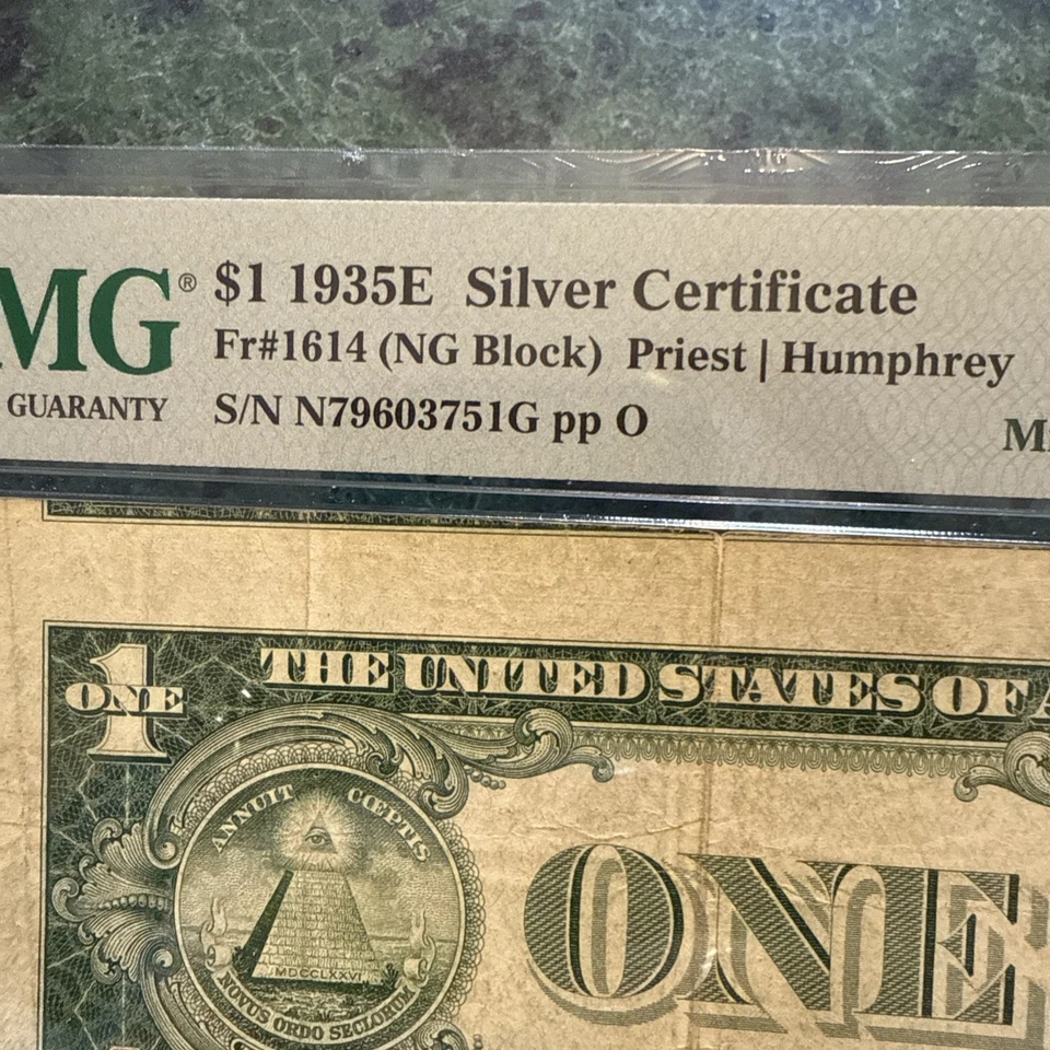 Certificado de plata 1935E $1 Fr#1614 PMG VF 25 primera impresión error desalineado Foto 3 de 4