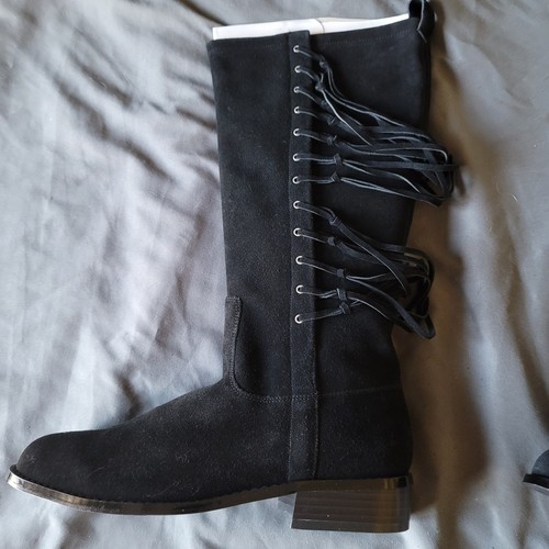 Women's Black Knee High Boots Low Heel Fringe Suede/Leather Round Toe NIB - Picture 2 of 8