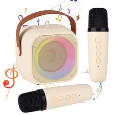 Beige Mini Portable Bluetooth Karaoke Speaker Machine with 2 Wireless Mics