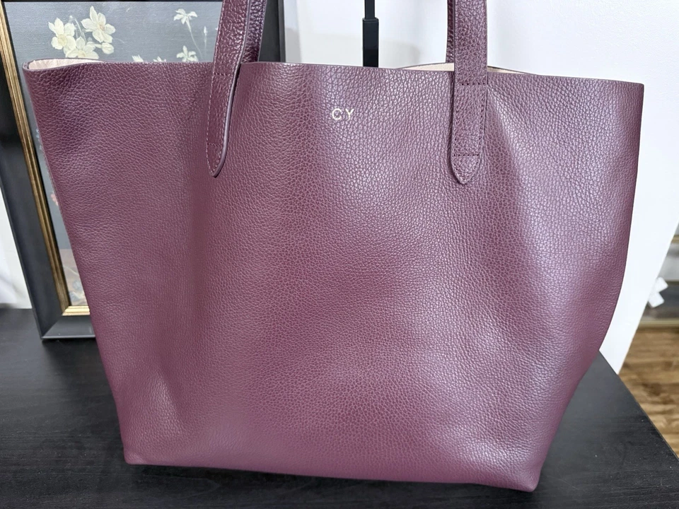 Cuyana Burgundy Purple Full Pebbled Leather Structured Tote Bag Open Top - Image 3 of 4