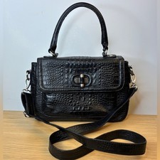 Black Croc Embossed Leather Etienne Aigner Satchel Top Handle Crossbody Bag
