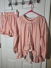 Gingham Look Woman’s Checkered Orange/White Blouse & Short Set Ruffled Sz S