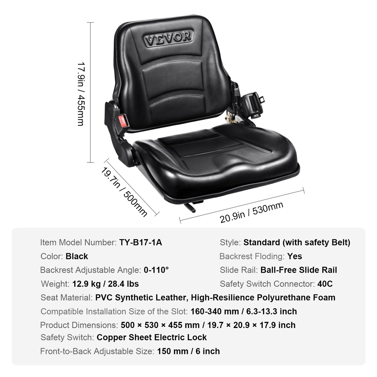 Siège Universel Rabattable Pour Chariot élévateur VEVOR - Avec Ceinture De Sécurité Réglable
