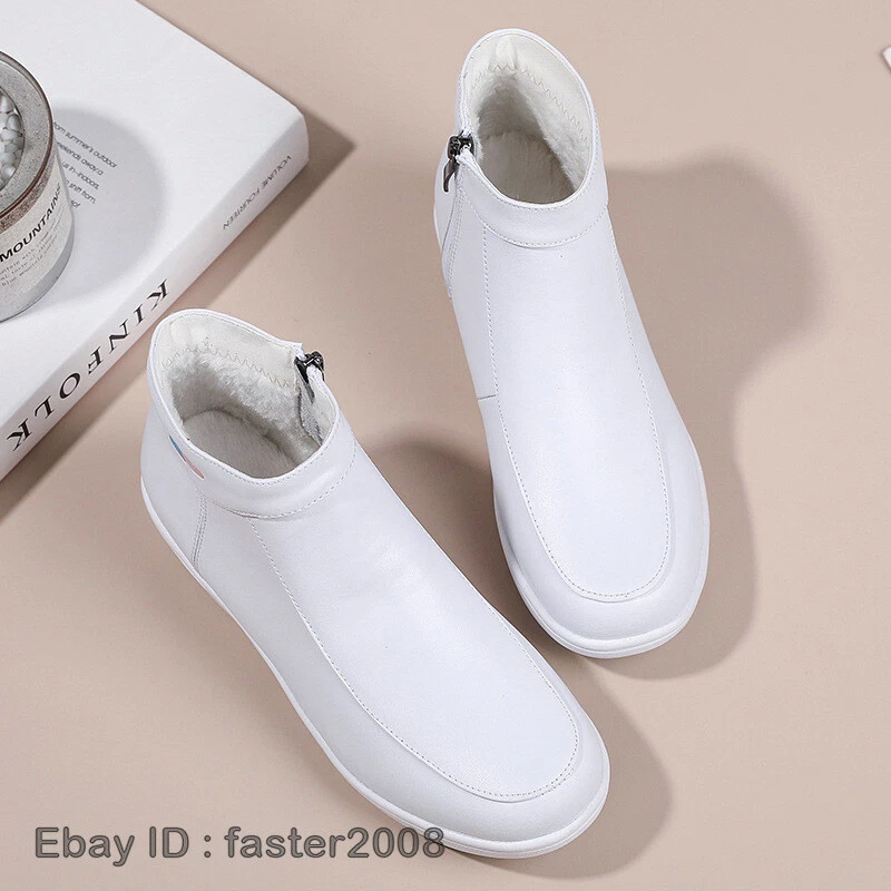Hospital Winter Women's Leather Nurse Work Boots Fur Lined Warm Nursing Shoes
