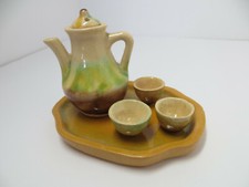 Vintage Dollhouse Ceramic Pitcher Set with tray, lidded pitcher, 3 cups