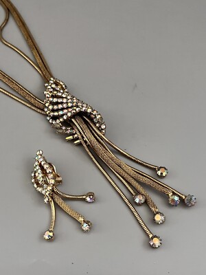 Vintage Lisner (?) Aurora Borealis Rhinestone Tassel Necklace & 1 Earring As-Is