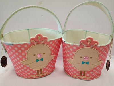 FAO Schwarz Easter Basket Felt Chick Bowtie Spotted Spring 10 Inch. Lot Of 2.
