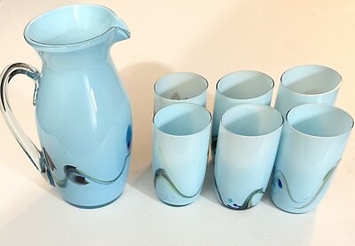 VTG Dalian Snowflake Swirl Colourful Vibrant Art Glass Pitcher & 6 Glasses EUC