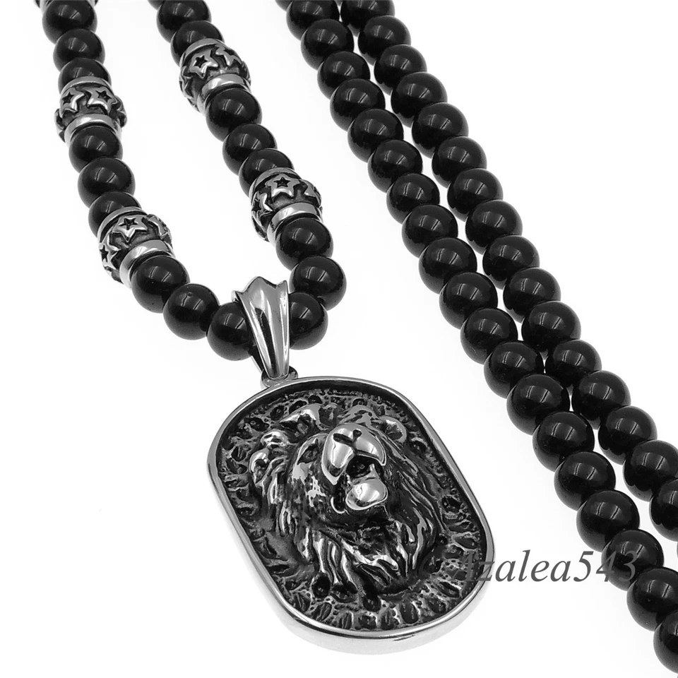 Conjunto de collar de acero inoxidable con colgante de escudo de león plateado para hombres de 8mm con cuentas de ónix negro Foto 4 de 4
