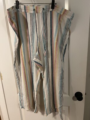 Per Se Plus Size Women's Multicolored Striped Drawstring Linen Blend Pants 3X