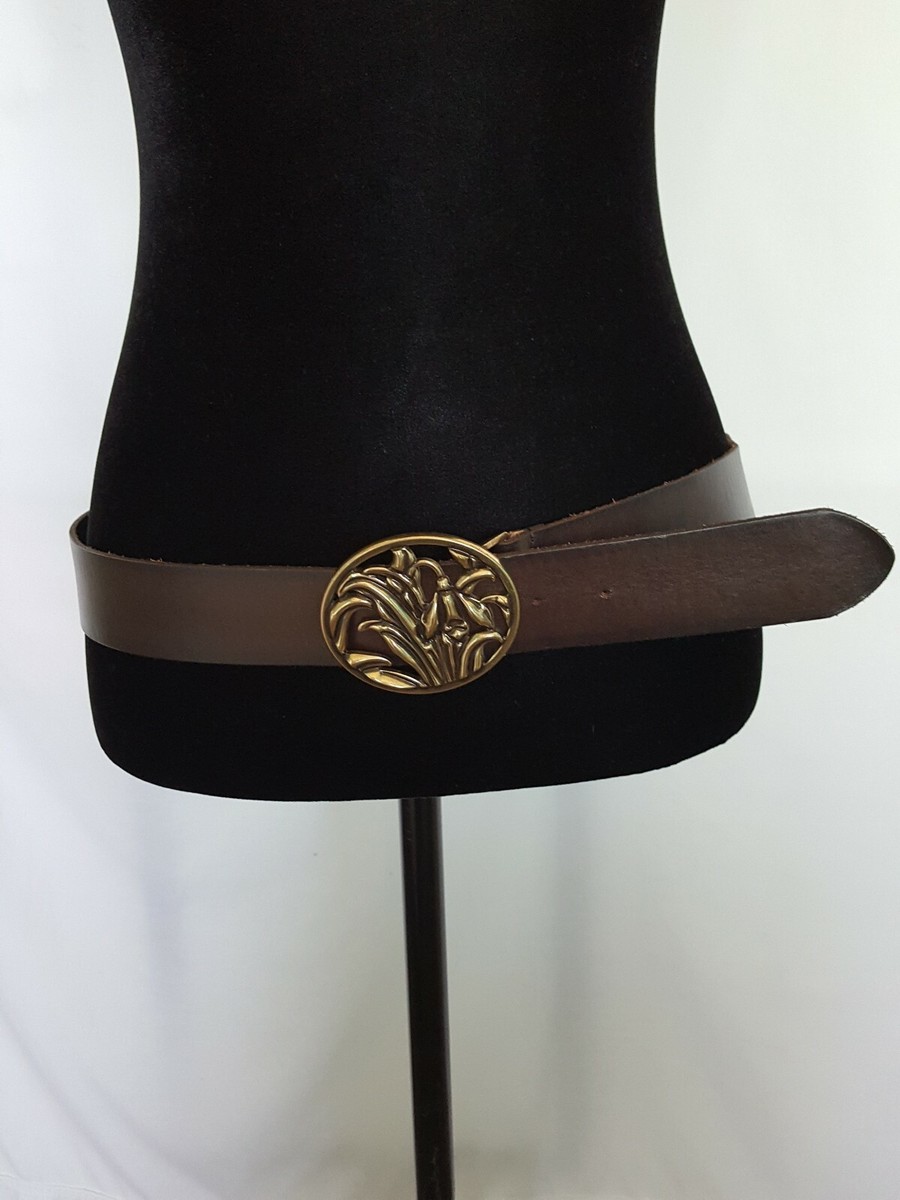 Target Brass Tone Lilies Buckle Belt Wide Brown Leather Wide