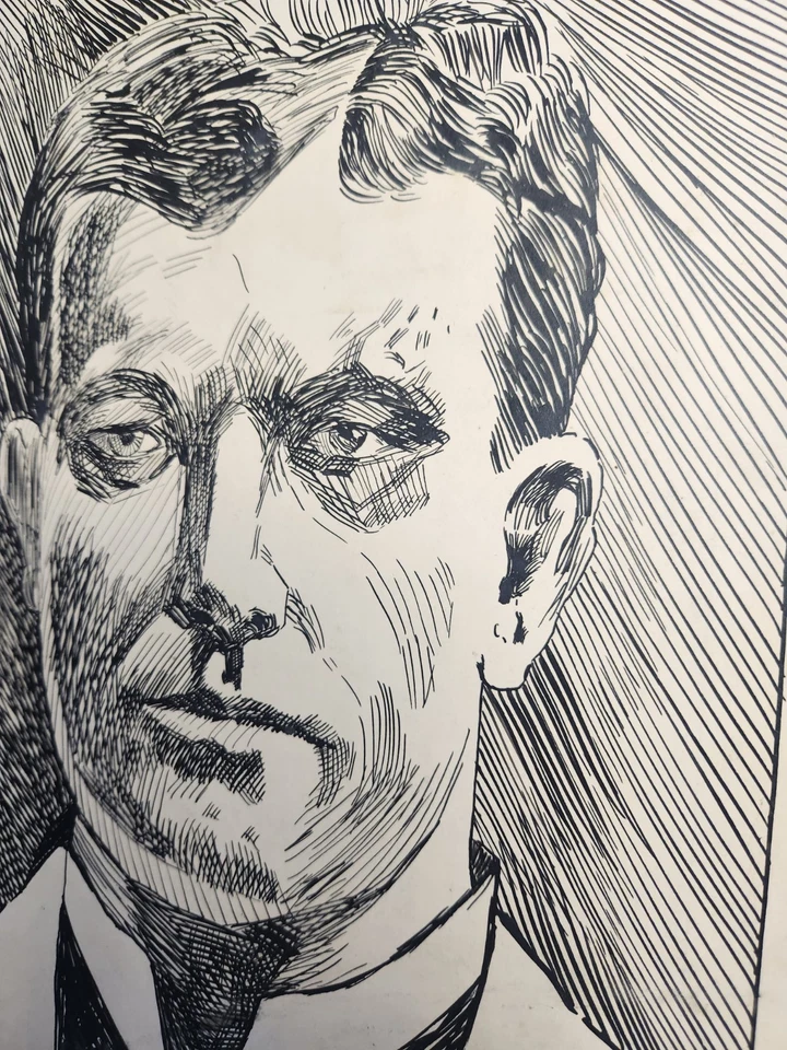 Antiguo dibujo de retrato a pluma y tinta firmado por artista de principios de siglo  Foto 2 de 4