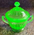 Vintage Federal Uranium Glass Green Handled Footed Sugar Bowl With Lid Stamped