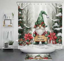 Winter Tree Funny Green Christmas Gnome Shower Curtain Bathroom Accessories Set