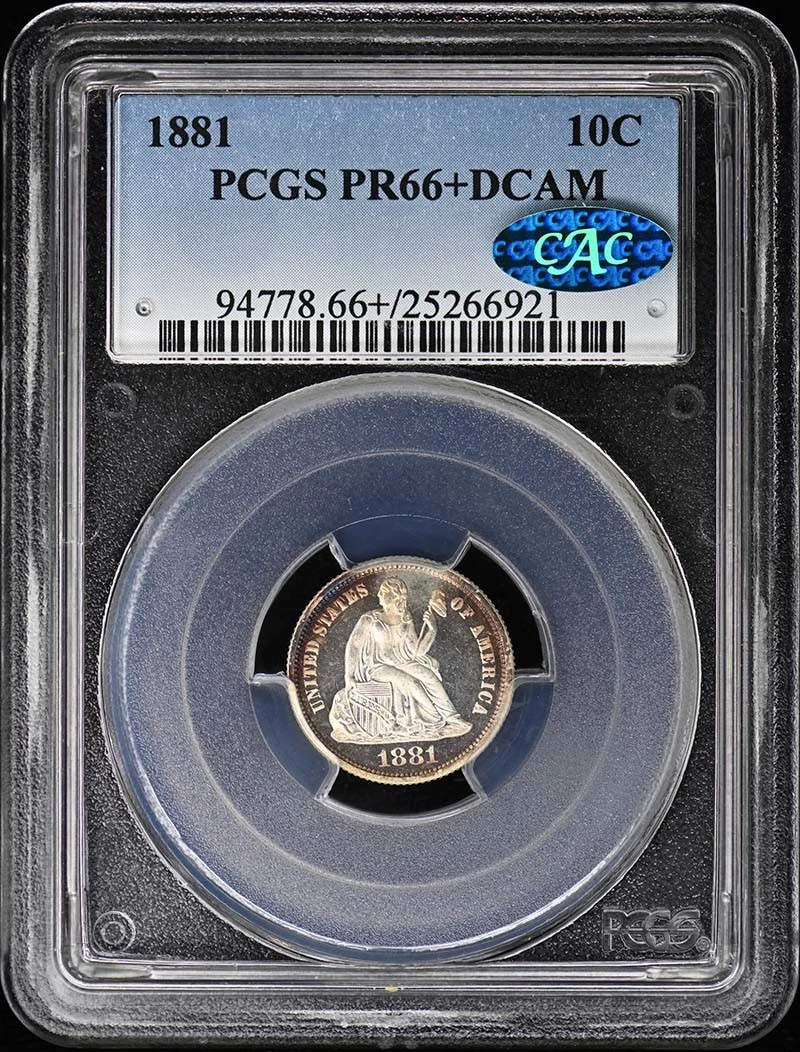 1881 10C Liberty Seated Dime PCGS PR66+DCAM (CAC)