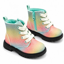 Toddler Girls Rainbow Glitter Combat Boots Size 6 Side Zip Lace Up New w/ Tags