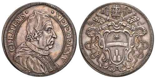 ITALIAN ST. Papal St. Clement XI (1715)-XV Piastra Scudo 80 Bolognini NGC AU55