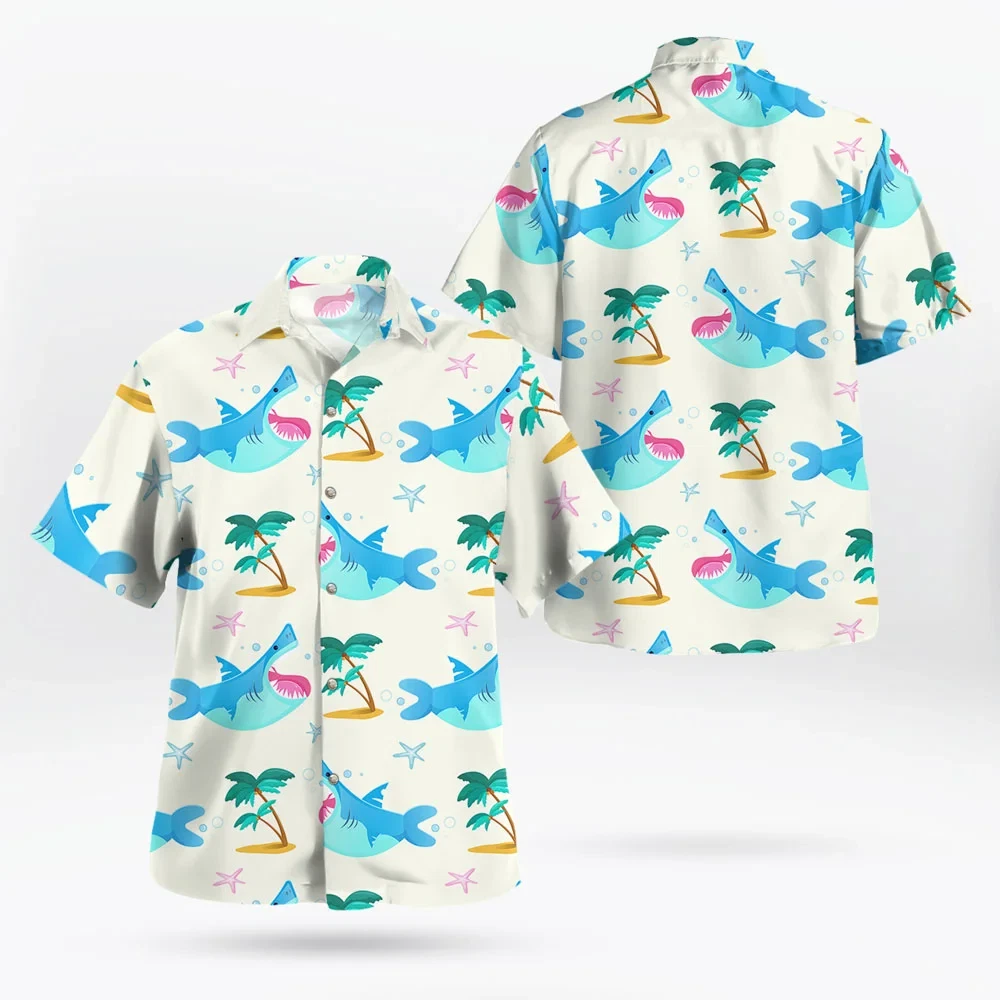 Men’s Shark Print Button-Up Aloha Shirt – Beac