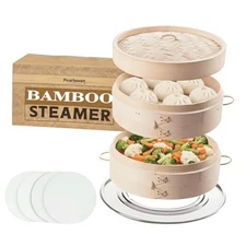 10 Inch 2-Tier Bamboo Steamer Basket with stainless steel ring and 4 Reusable 