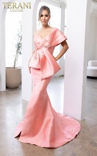 Terani Couture One-Shoulder Coral Pink Satin Gown with Floral Appliqu  Sz 12