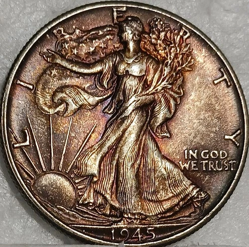 1945 Walking Liberty Half Dollar UNC FULL HEAD GEM BU purple brown toning toned