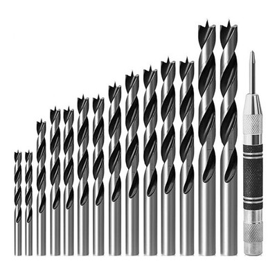 14 Stück Brad Point Bohrer für Holz mit Center Punch für präzises Bohren