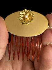 Vintage Gold Tone Floral Hair Comb Pearl Accent Romantic Victorian Style