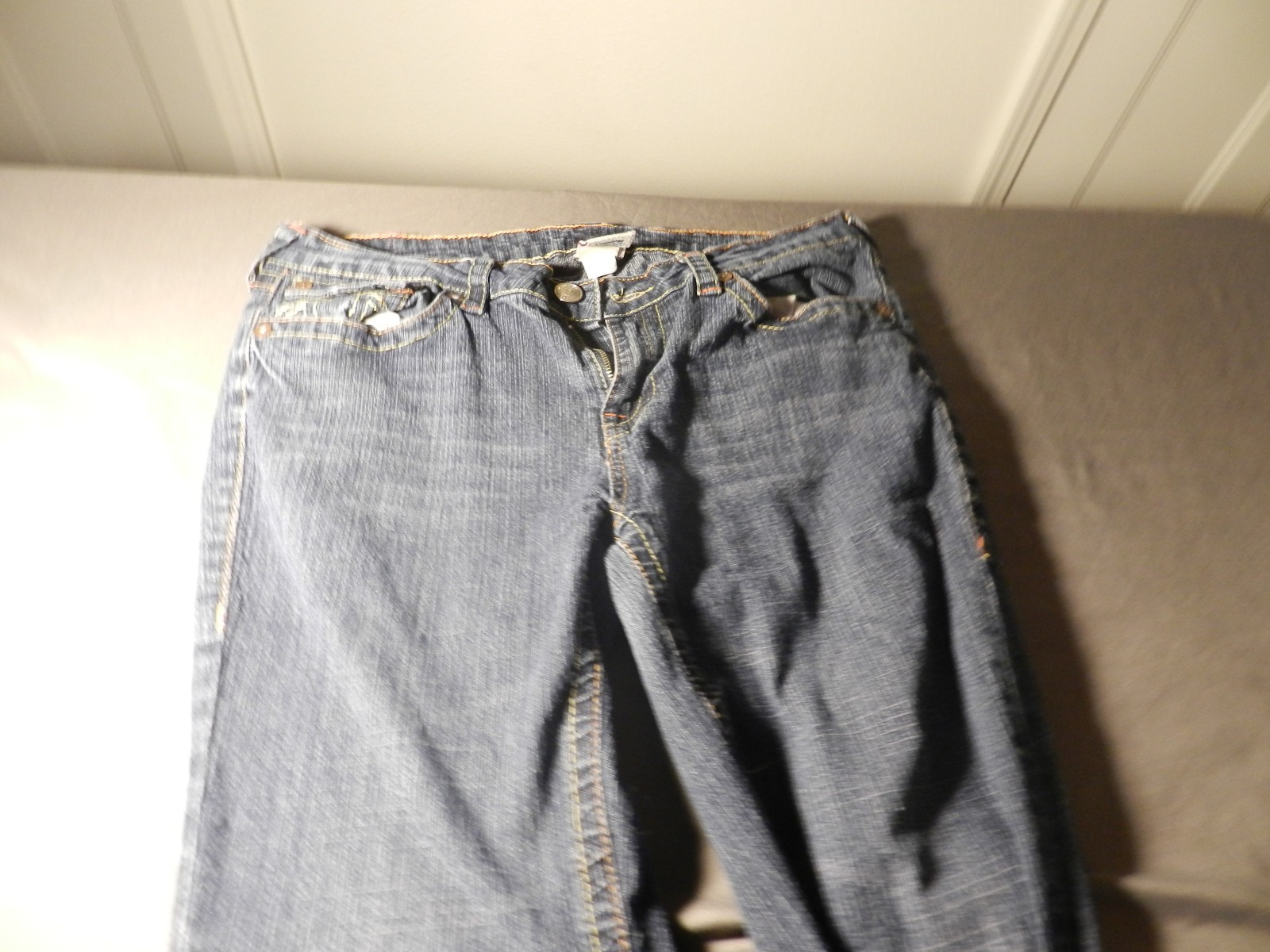 True Religion Ricky Super T Jeans Mens 32 USA Bootcut Thick Yellow Stitch Blue thumbnail 10