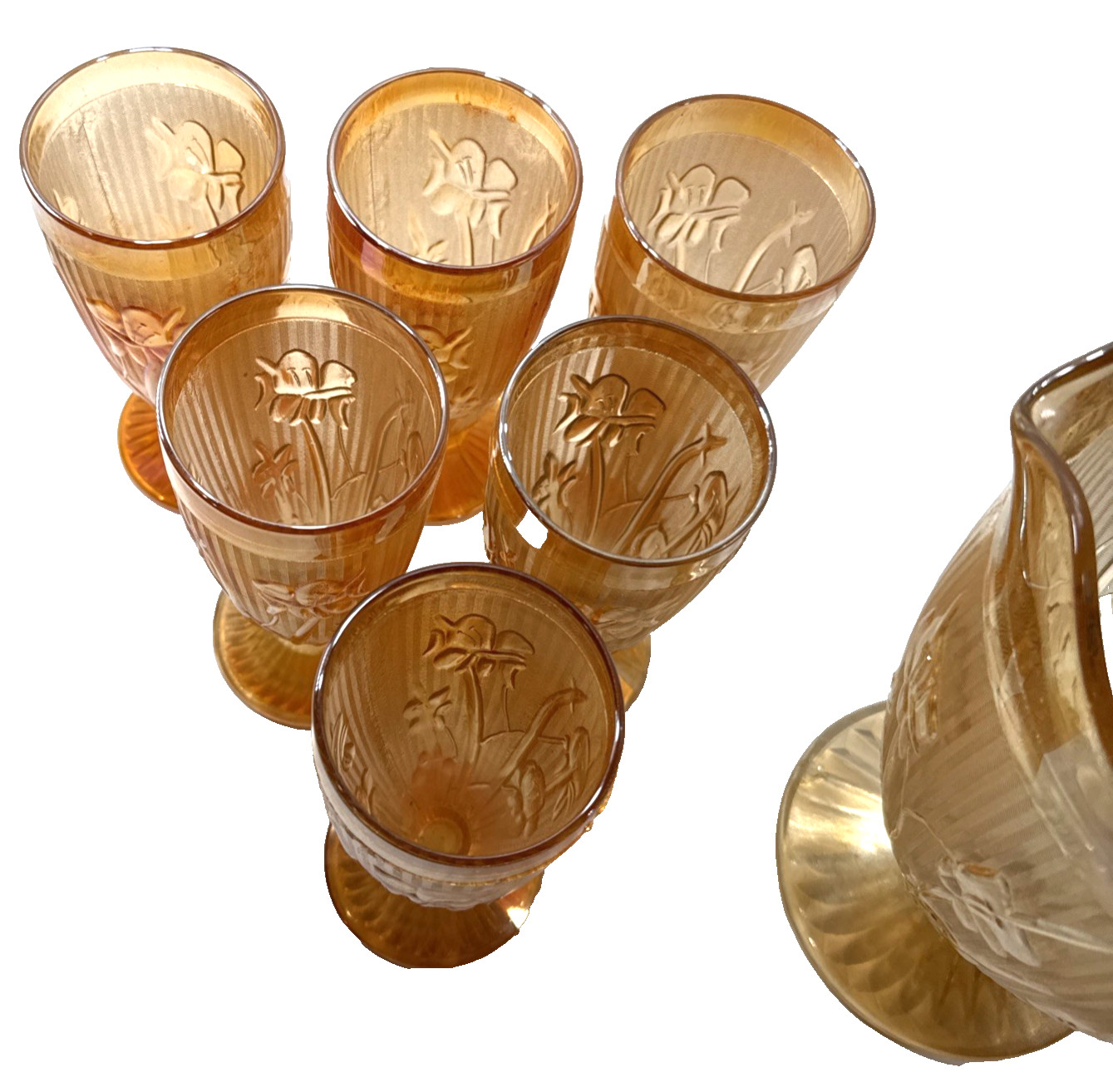 Vintage ESTATE Jeanette Iris and Herringbone Iridescent Pitcher & 6 Glass SET