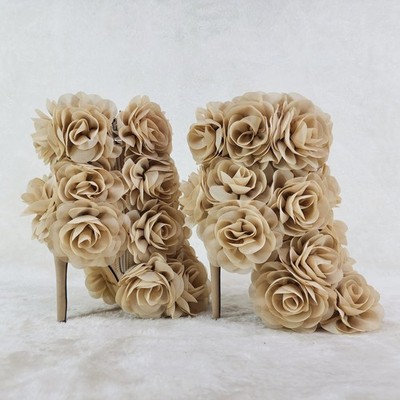 Beauty 3D Flowers Floral 4'' High Heel Elegant Xoanna Ankle Boots Nude