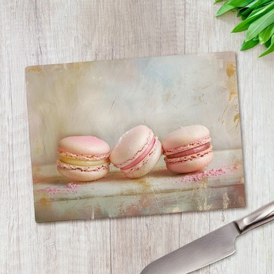 Three Pink Macaroons Glass Chopping Board Large Kitchen Worktop Saver