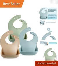 Unisex 3-Pack Silicone Baby Bibs with Deep Pocket - Easy Clean  Adjustable