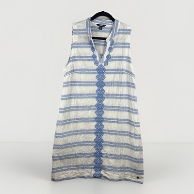 Hatley Linen Striped Shift Dress L Embroidered Sleeveless Pockets Beachy Resort