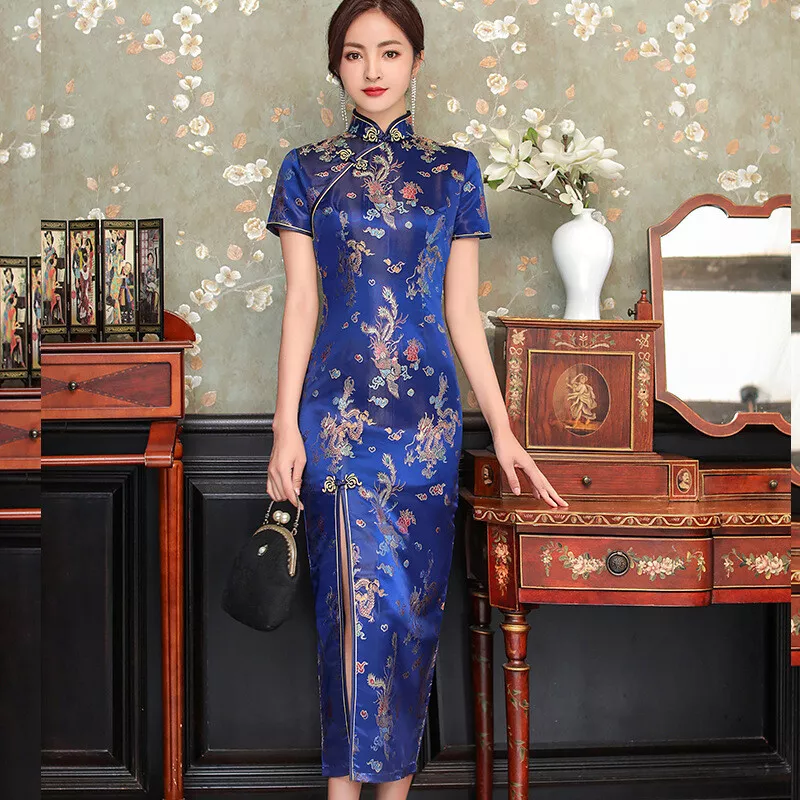 Chinese Traditional Qipao Dress Women Silk Satin Cheongsam Navy Blue Party  Gown