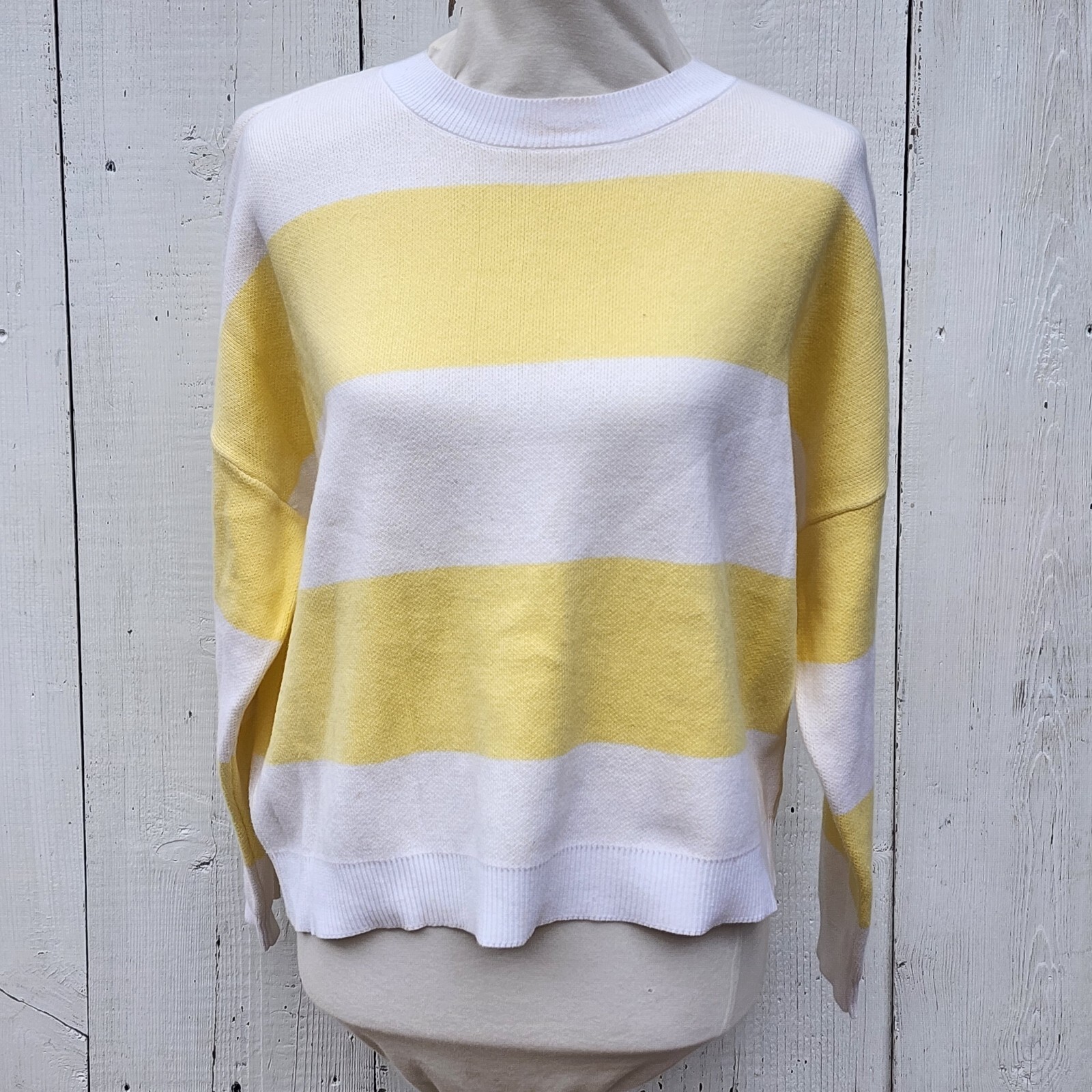 Vigoss Womens Yellow White Striped 100% Cotton Long Sleeve Crewneck Sweater Sz M