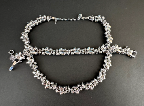 Crown Trifari Signed Silver Tone AB Blue Rhinestones Floral Necklace & Bracelet - Picture 8 of 10