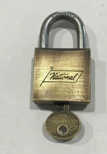 Vintage National Brand Brass Padlock with Original Key (Stuck in Lock)