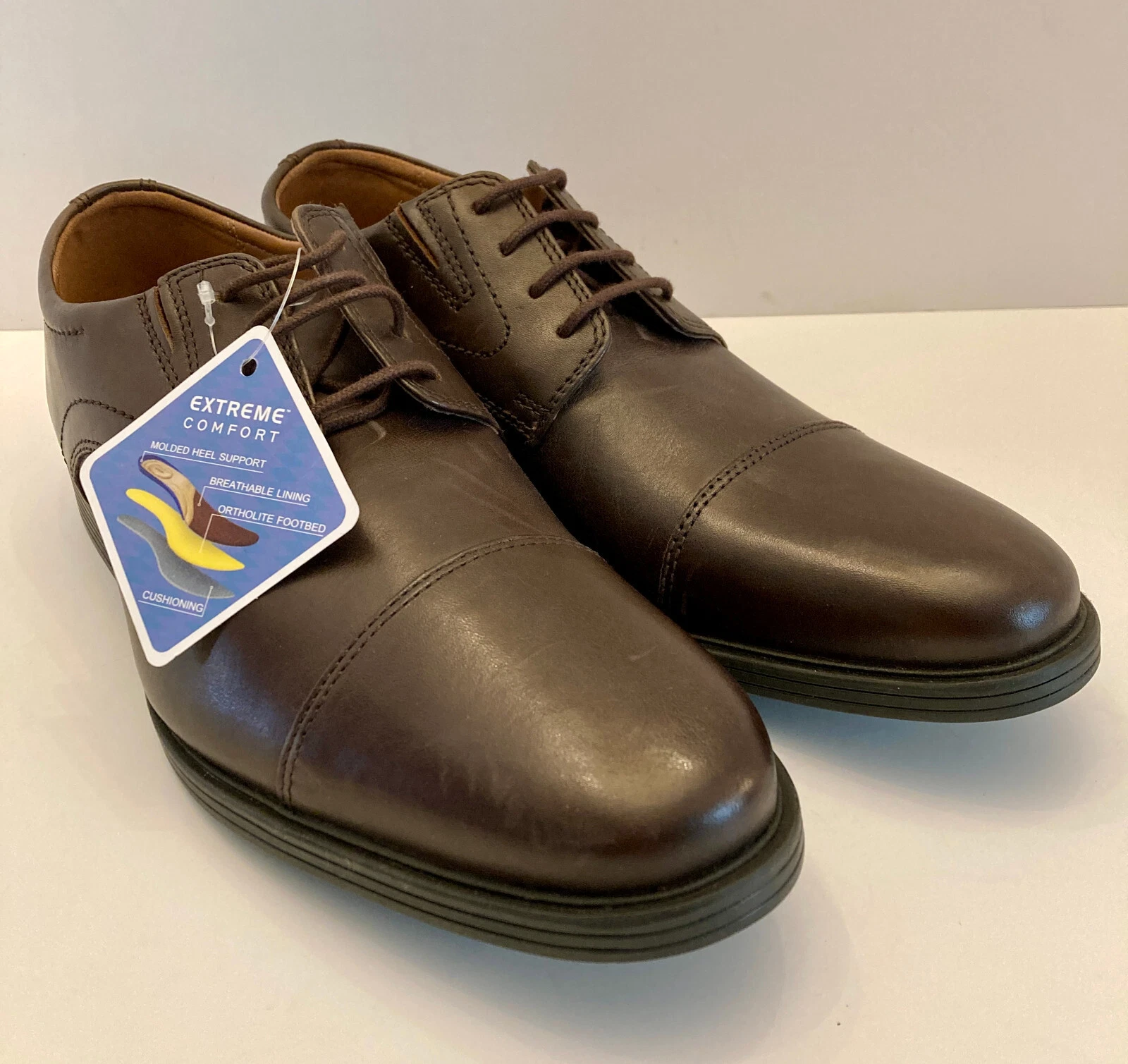 Oxford uomo Clarks Collection punta berretto pelle marrone taglia 9 comfort estremo nuovo con etichette