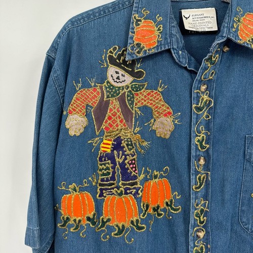 Vintage Womens Hand Painted Halloween Denim Shirt Size L Scarecrow Fall Glitter - Picture 3 of 12