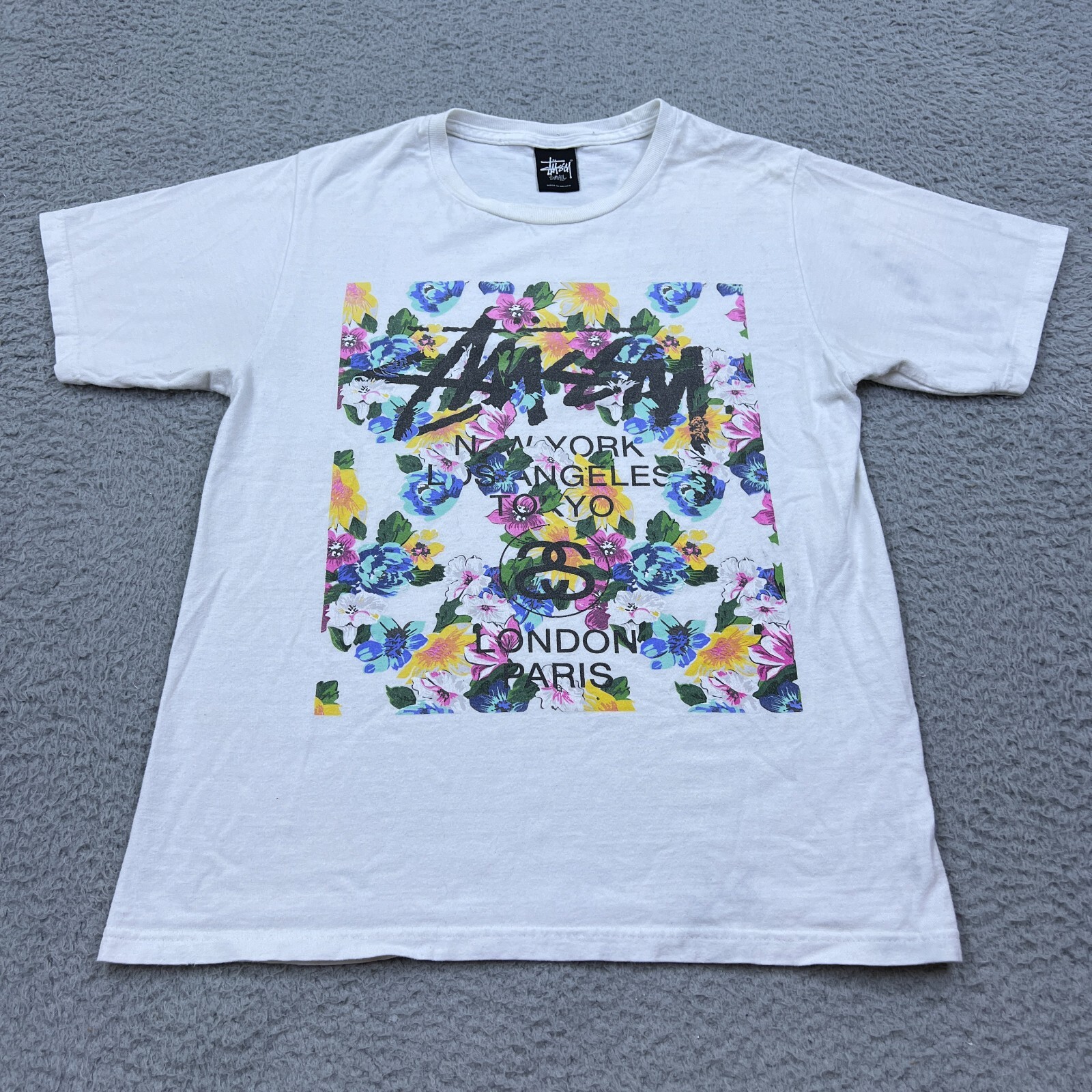 Stussy Mens Small White Floral World Tour Tokyo New York Paris Streetwear Shirt