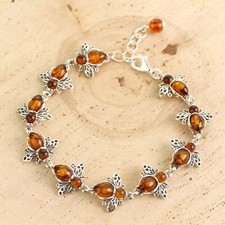 ADJUSTABLE BALTIC AMBER BUSY BEE STERLING SILVER BRACELET 10 BEES HALLMARKED