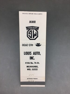 Vintage Matchbook Cover Auto Dealer Louis Auto Milwaukee WI MG Austin Healey BMW