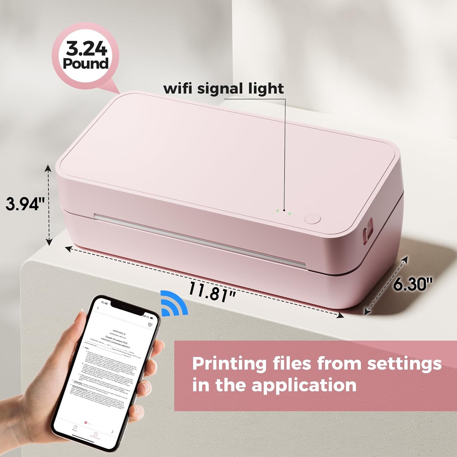 Portable Wireless Thermal Wi-Fi/Bluetooth Printer, Letter/A4/A4/A5/B5, PINK
