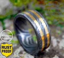 Customized Golden Double Brass Inlay Flat Damascus Steel Ring Men Wedding Band