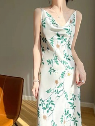 Women's Dress Satin Suspender Floral Summer Slimming V-neck A-line Maxi Dress - Picture 9 of 16
