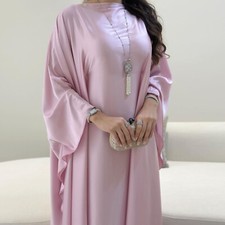 Kaftan Elegant Women Satin Long Dress Evening Muslim Robe Batwing Sleeve Gown