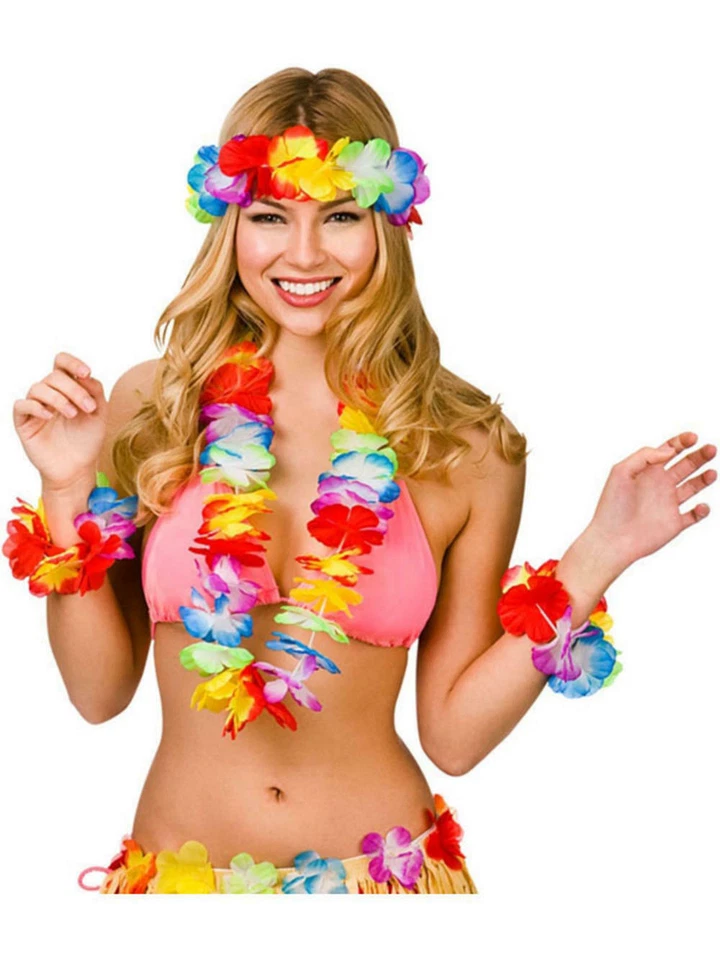 Ensemble De Parure Hawaïenne 4 Pièces Fleurs Tropicales Multicolore Pour Plage - Photo 1/4
